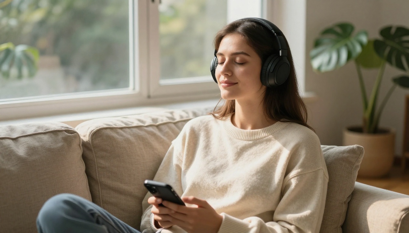 Woman listening to AI-generated music at home with headphones