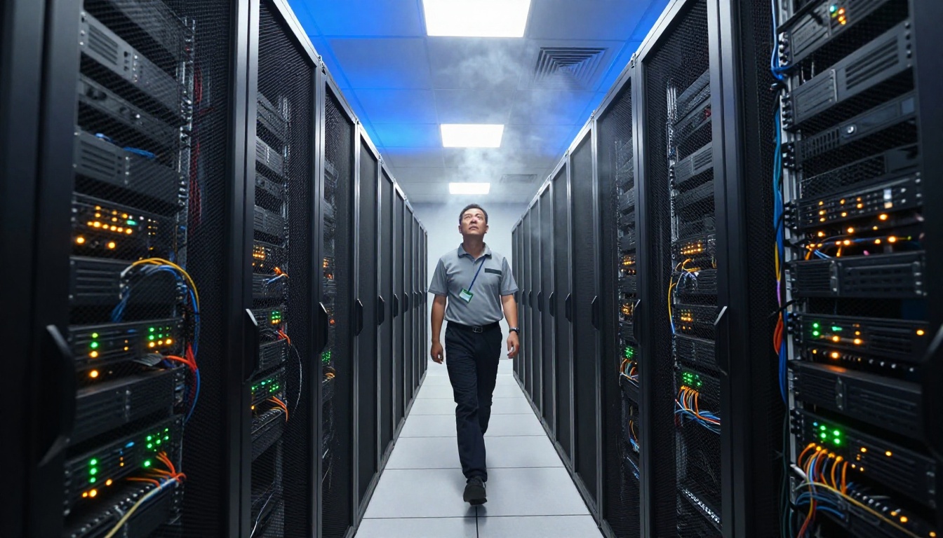 Enterprise server room with technician walking between racks