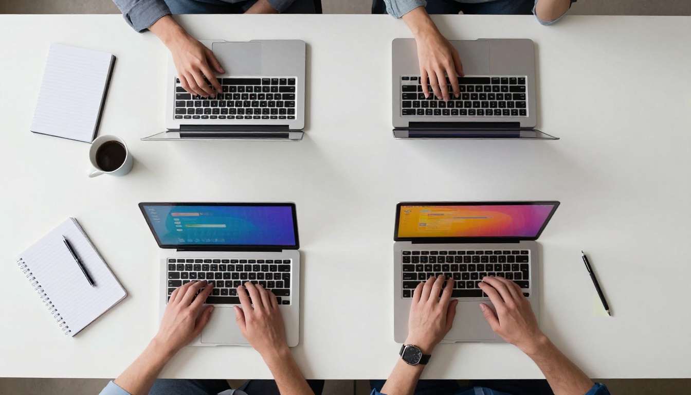 Four team members comparing different AI models on their laptops simultaneously