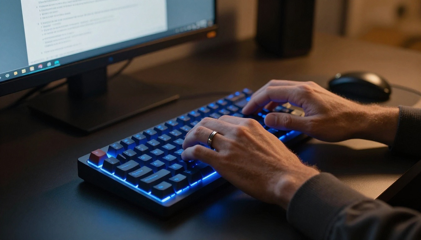 Developer typing rapidly on mechanical keyboard in dark minimal workspace