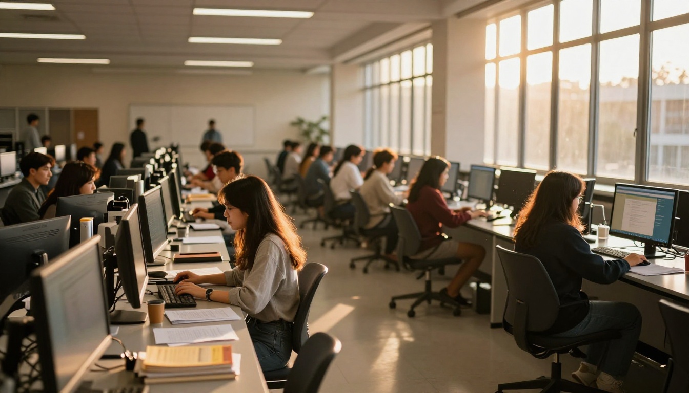 University computer science lab with students working at desktop computers
