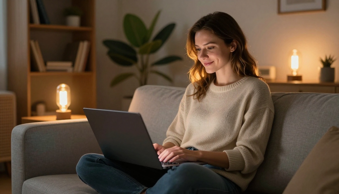 Woman using laptop on couch in warm evening living room atmosphere