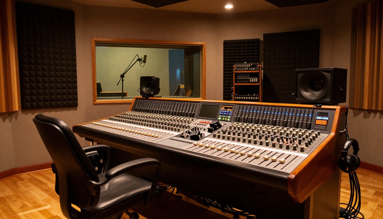 Professional recording studio interior with analog mixing console