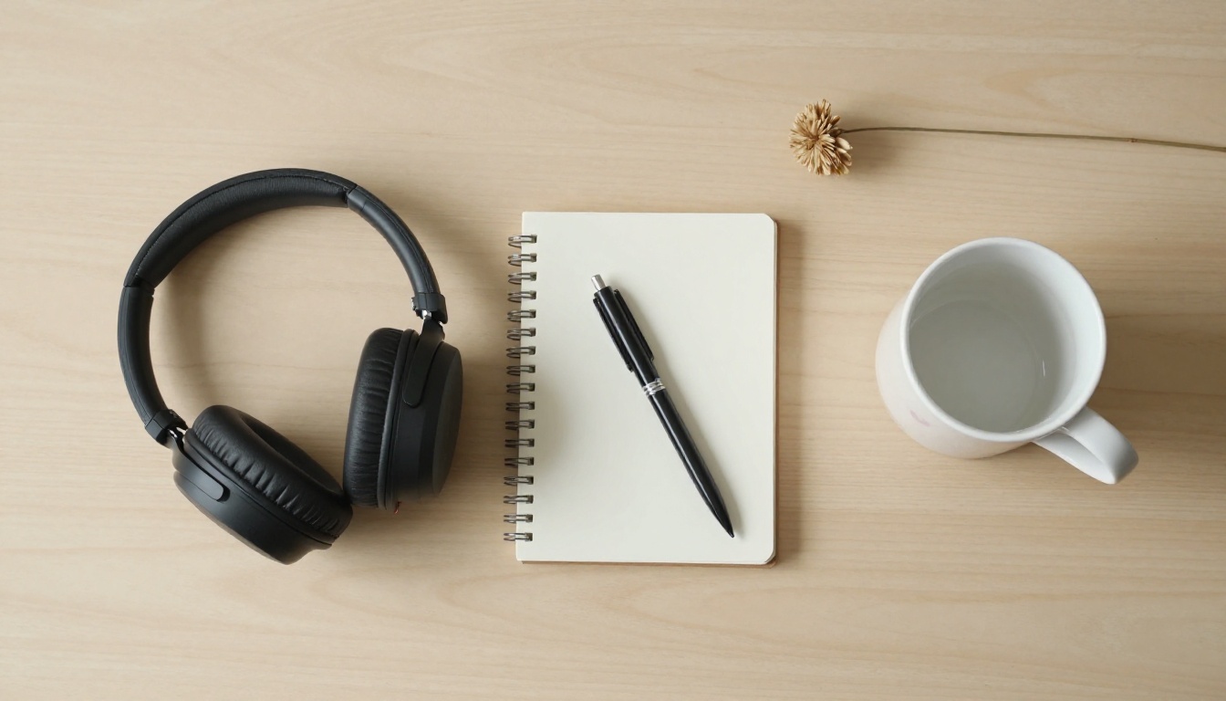 Minimalist headphones flatlay on birch wood desk with coffee