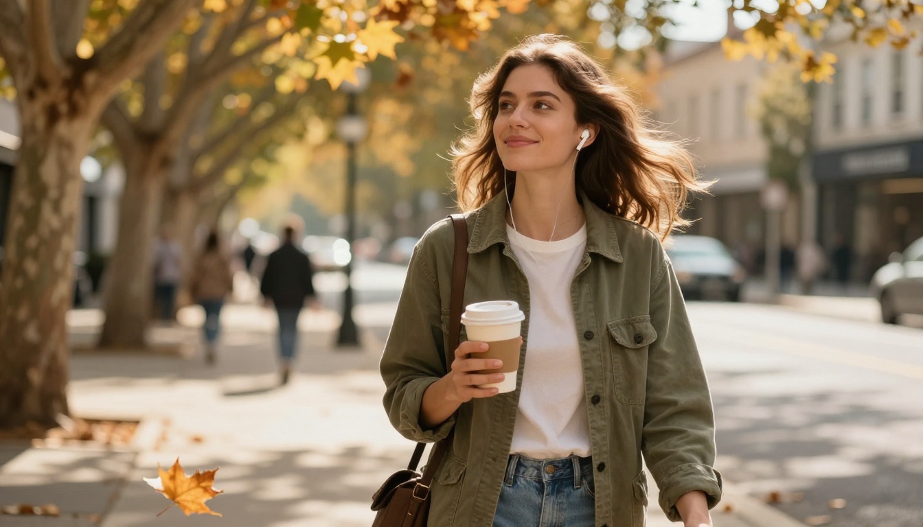 Young woman walking outdoors listening to music on wireless earbuds