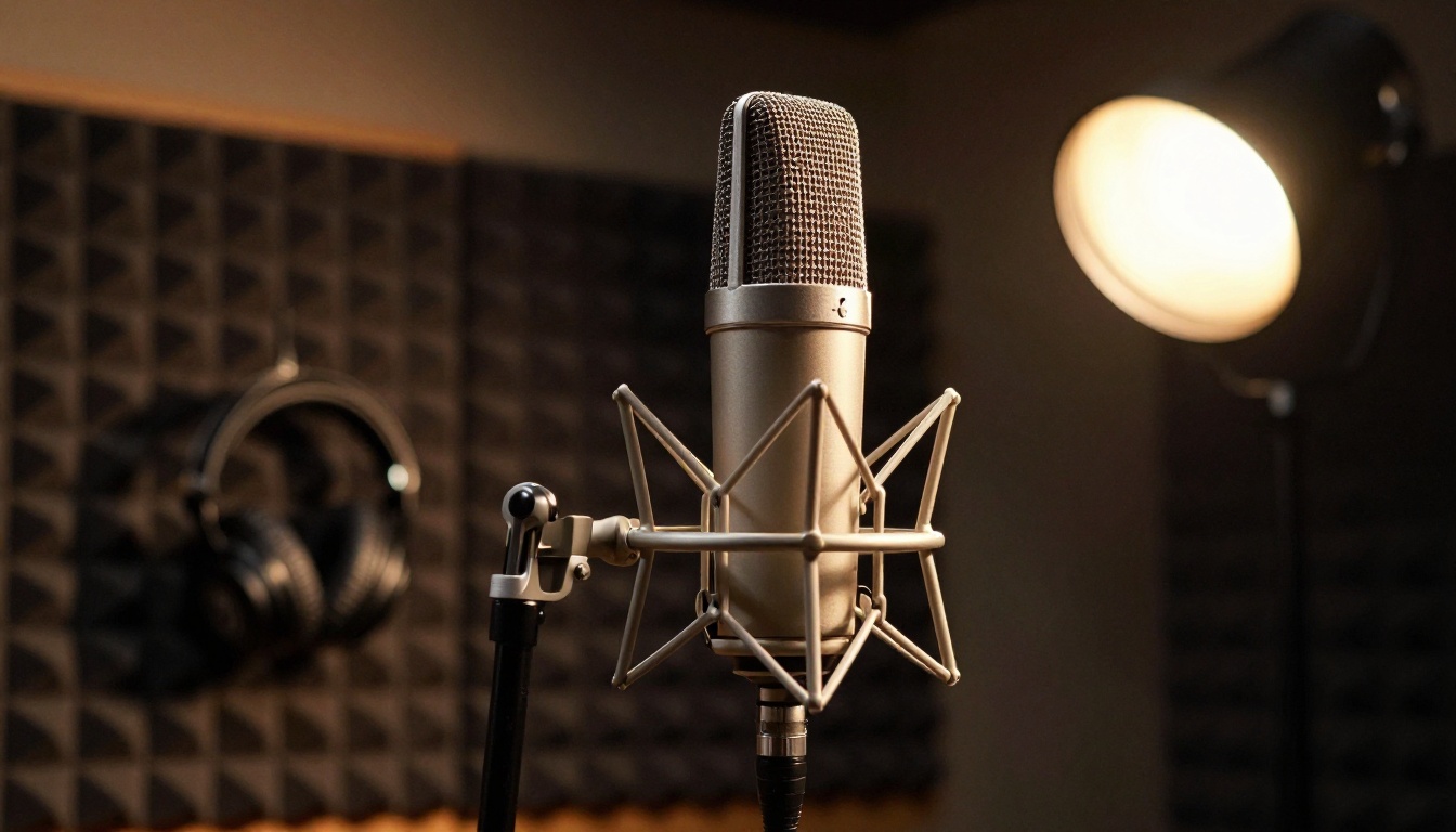 Professional condenser microphone on boom stand in recording booth