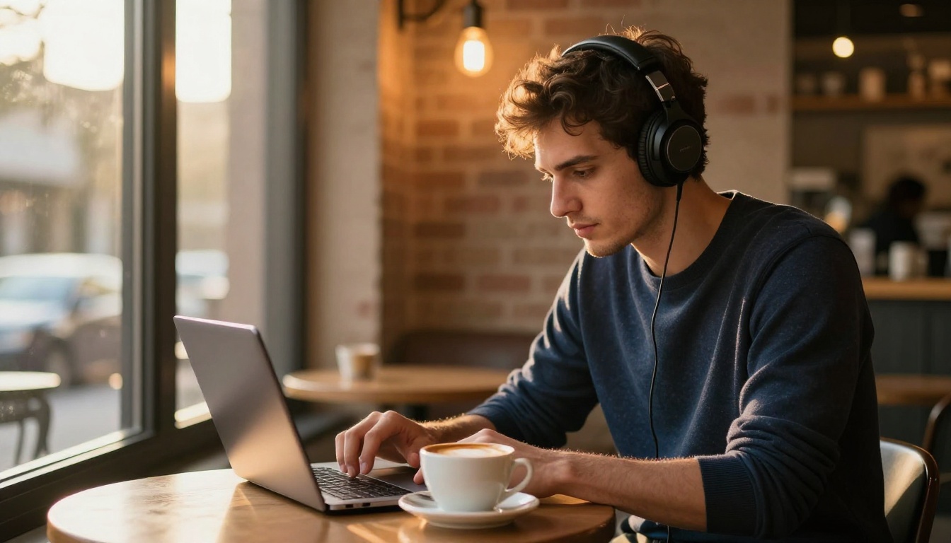 Man working at coffee shop on music creation with laptop and headphones