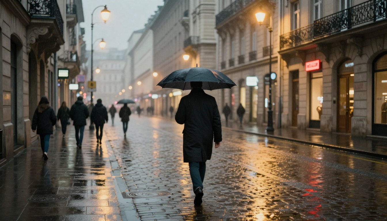 Urban street scene in European city at dusk, photorealistic AI image