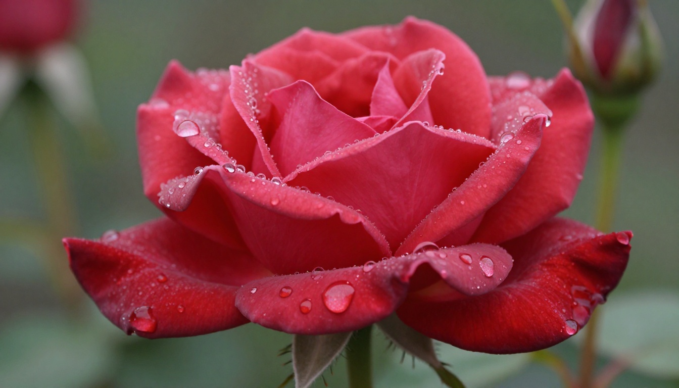 Macro close-up of a red rose with dew drops, photorealistic AI