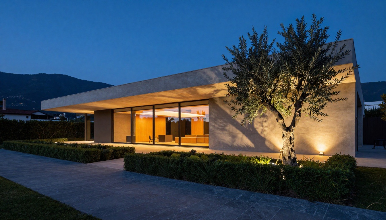 Modern architectural exterior at blue hour, photorealistic AI