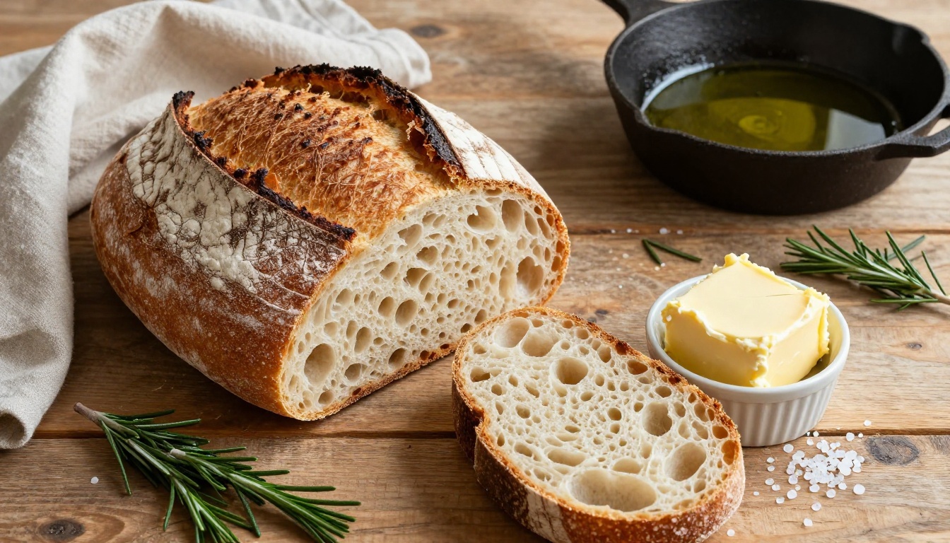 Artisan sourdough bread food photography, photorealistic AI image