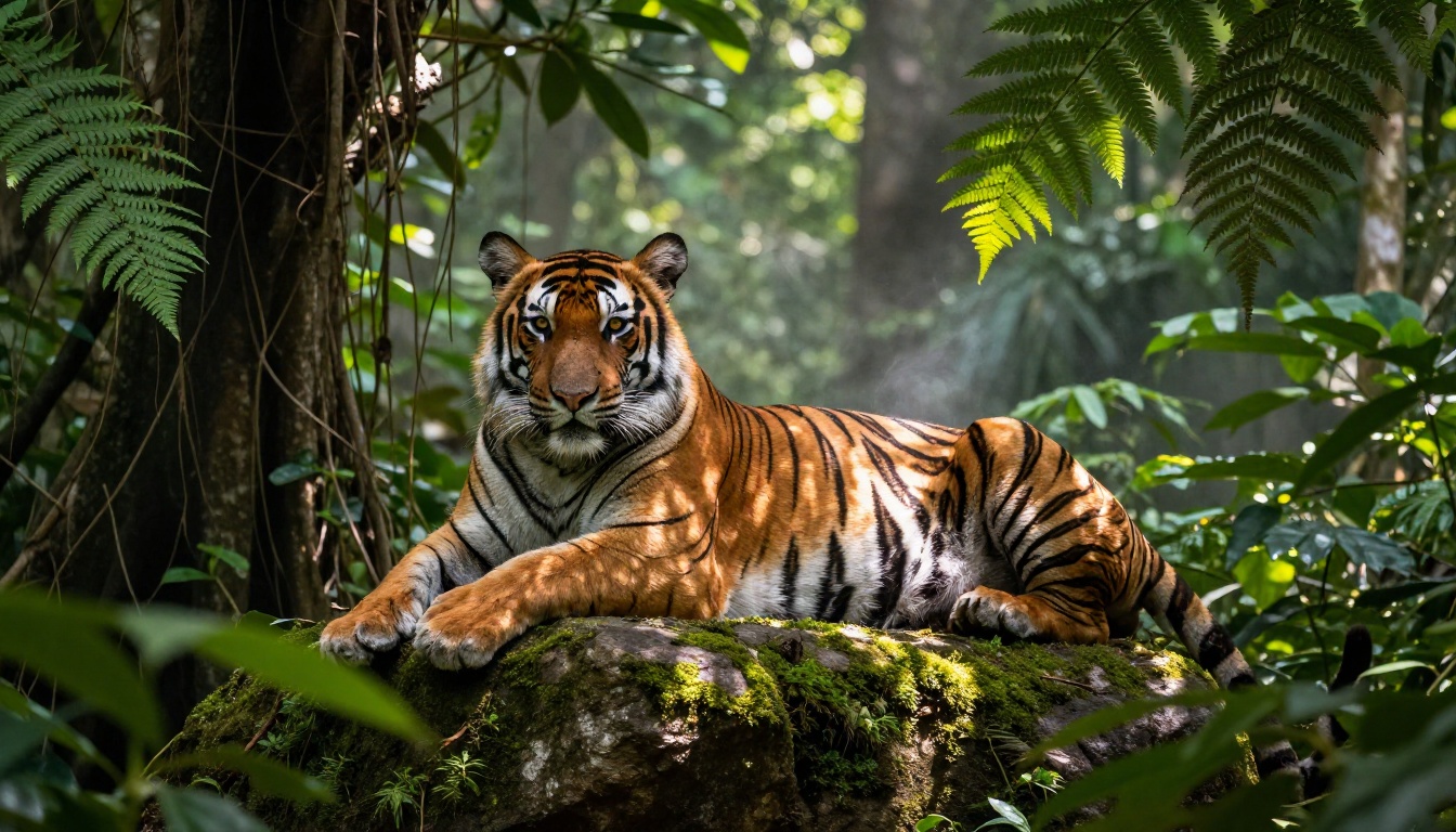 Bengal tiger resting in jungle, photorealistic wildlife AI image