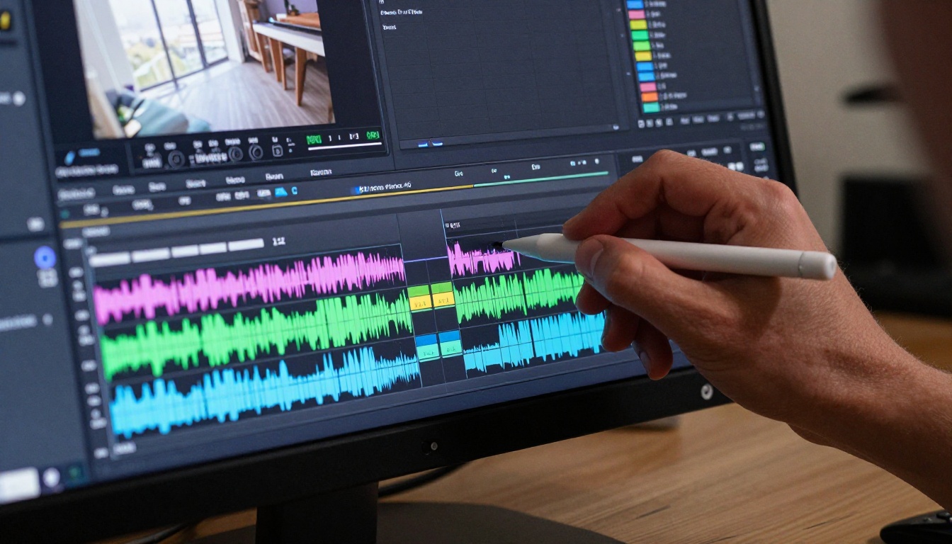 Close-up of a video editing timeline on a curved monitor Close-up of a video editing timeline on a curved monitor