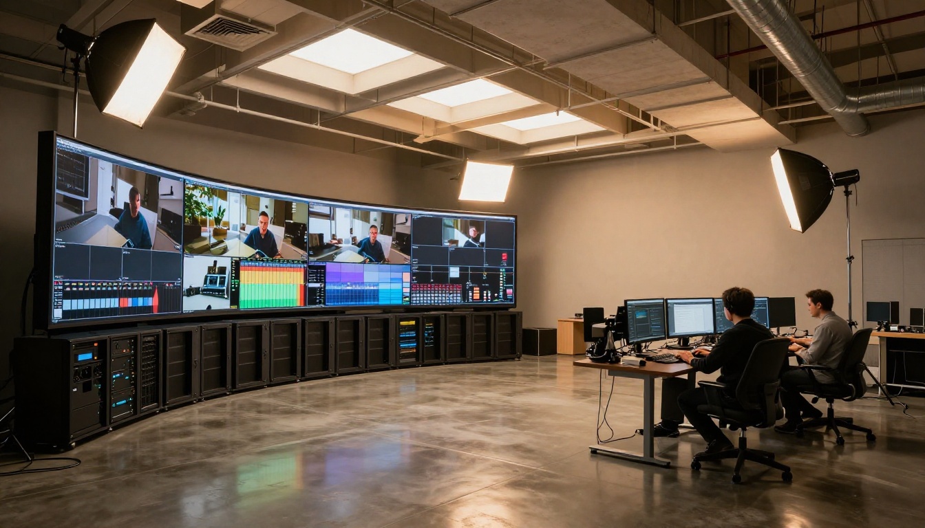 Modern video production studio with reference monitors Modern video production studio with reference monitors