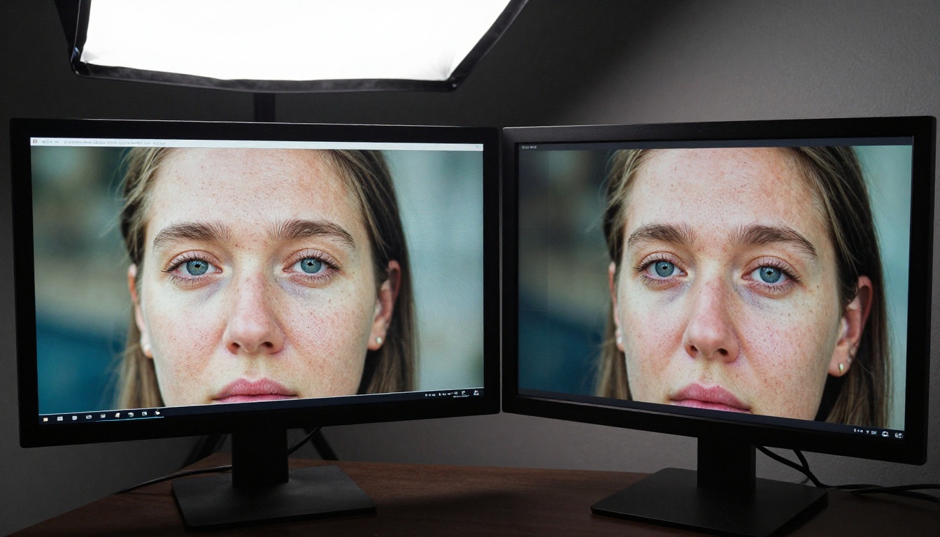 Side-by-side 4K upscaling comparison on two monitors Side-by-side 4K upscaling comparison on two monitors