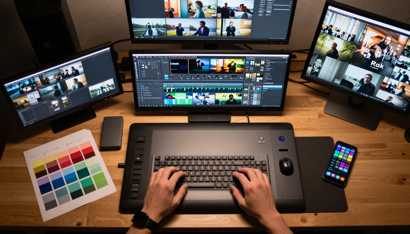 Aerial overhead view of a professional video editing desk