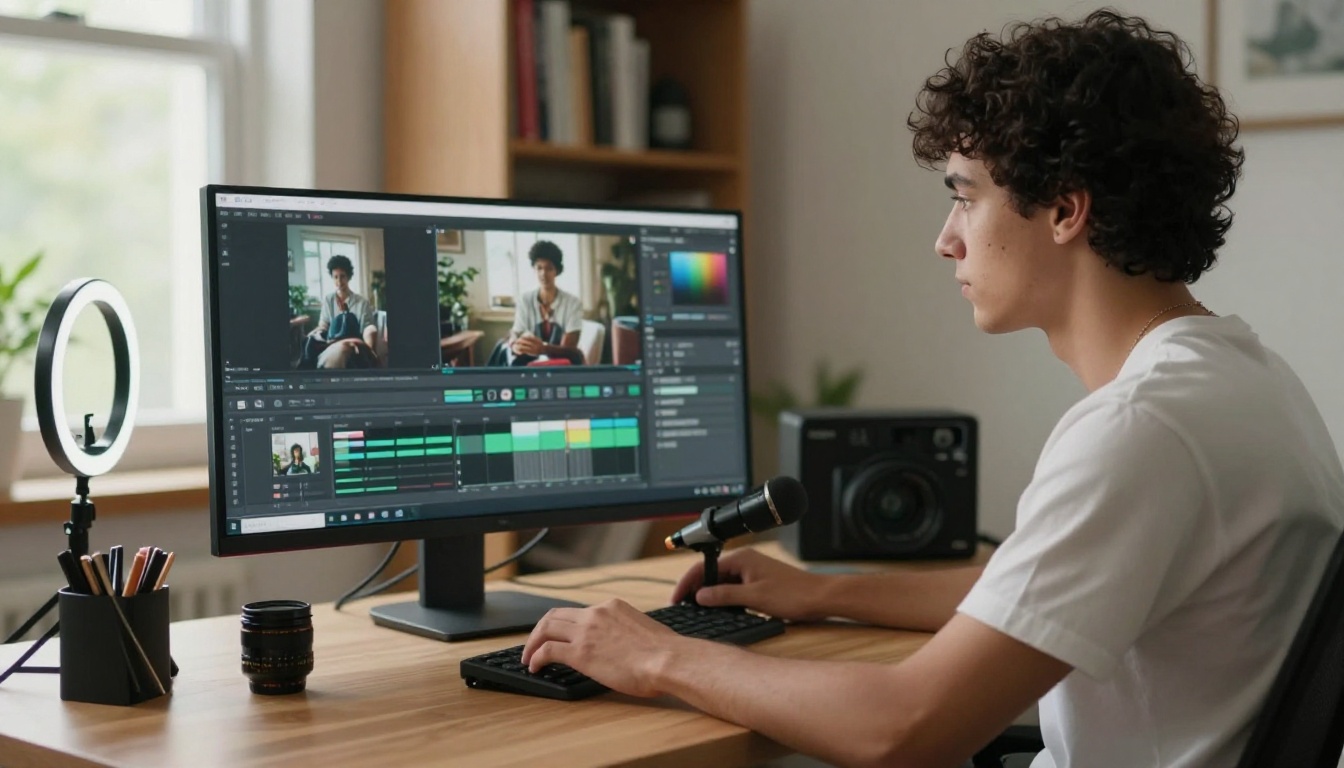 Young content creator reviewing footage on a 4K monitor