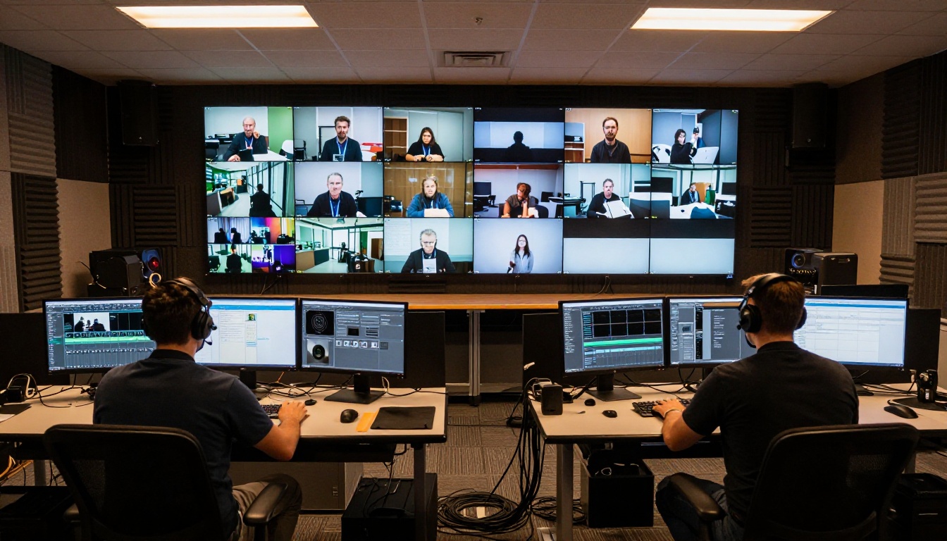Professional broadcast editing suite with monitor wall