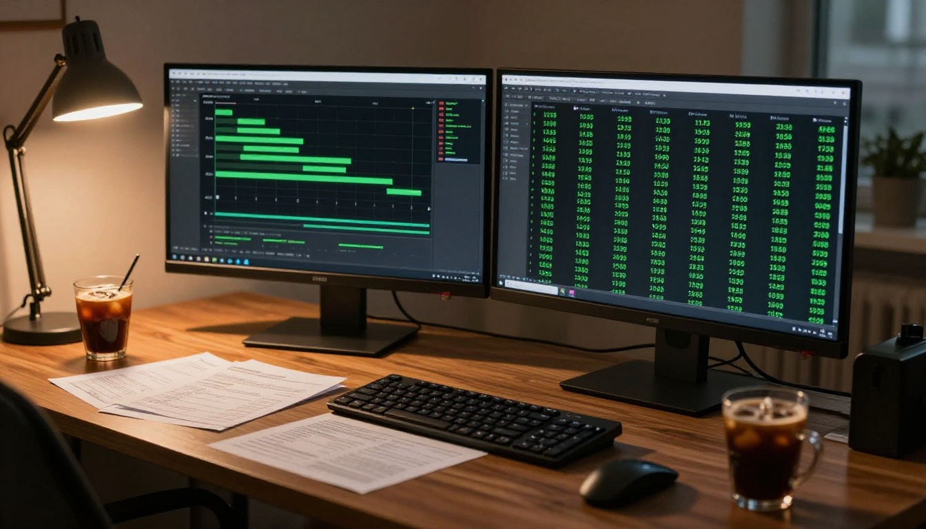 Developer running AI speed benchmarks at dual monitor workstation