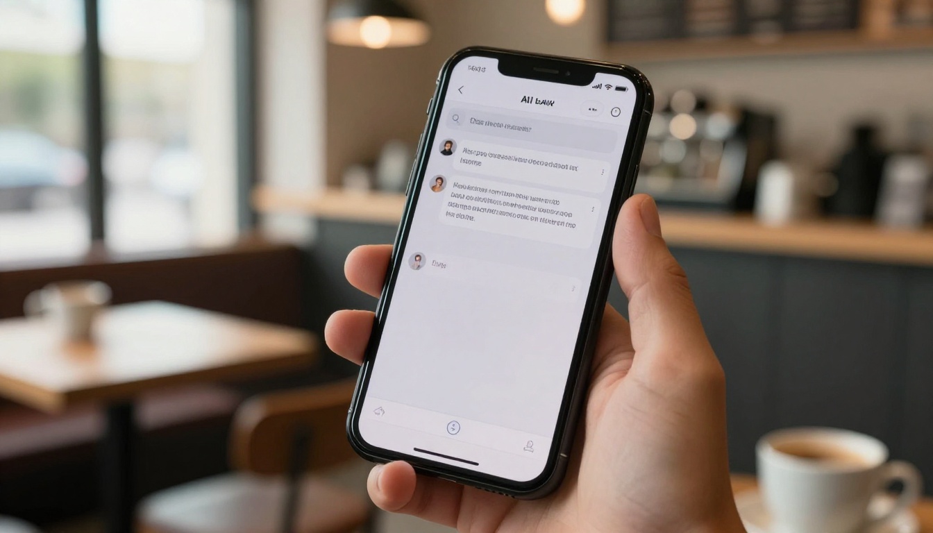 Smartphone showing AI chat interface in coffee shop with fast response