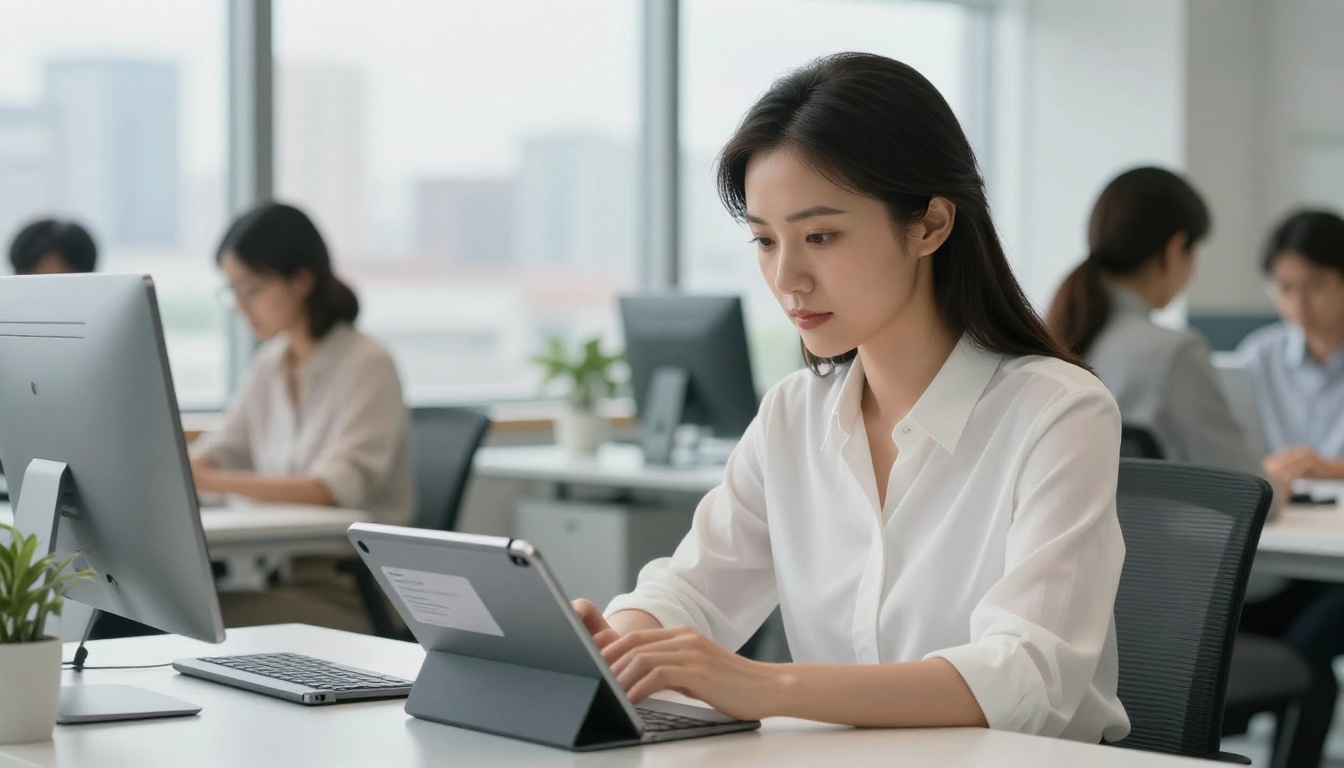 Professional woman using AI assistant on tablet in modern co-working space