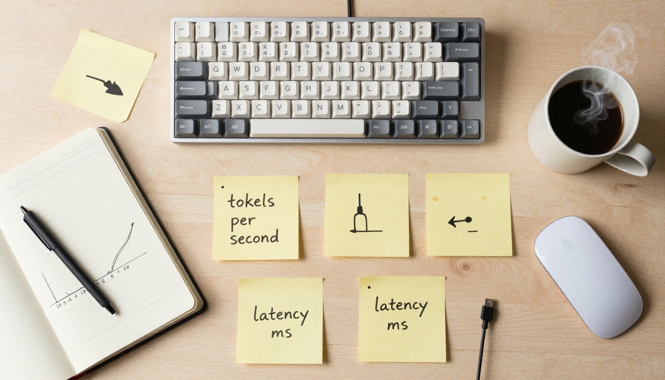 Flat-lay overhead desk with keyboard, notes about AI speed metrics, and coffee