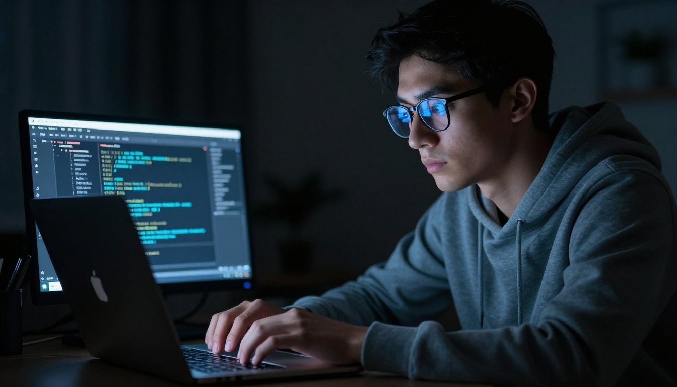 Night coder on MacBook with screen reflecting on glasses