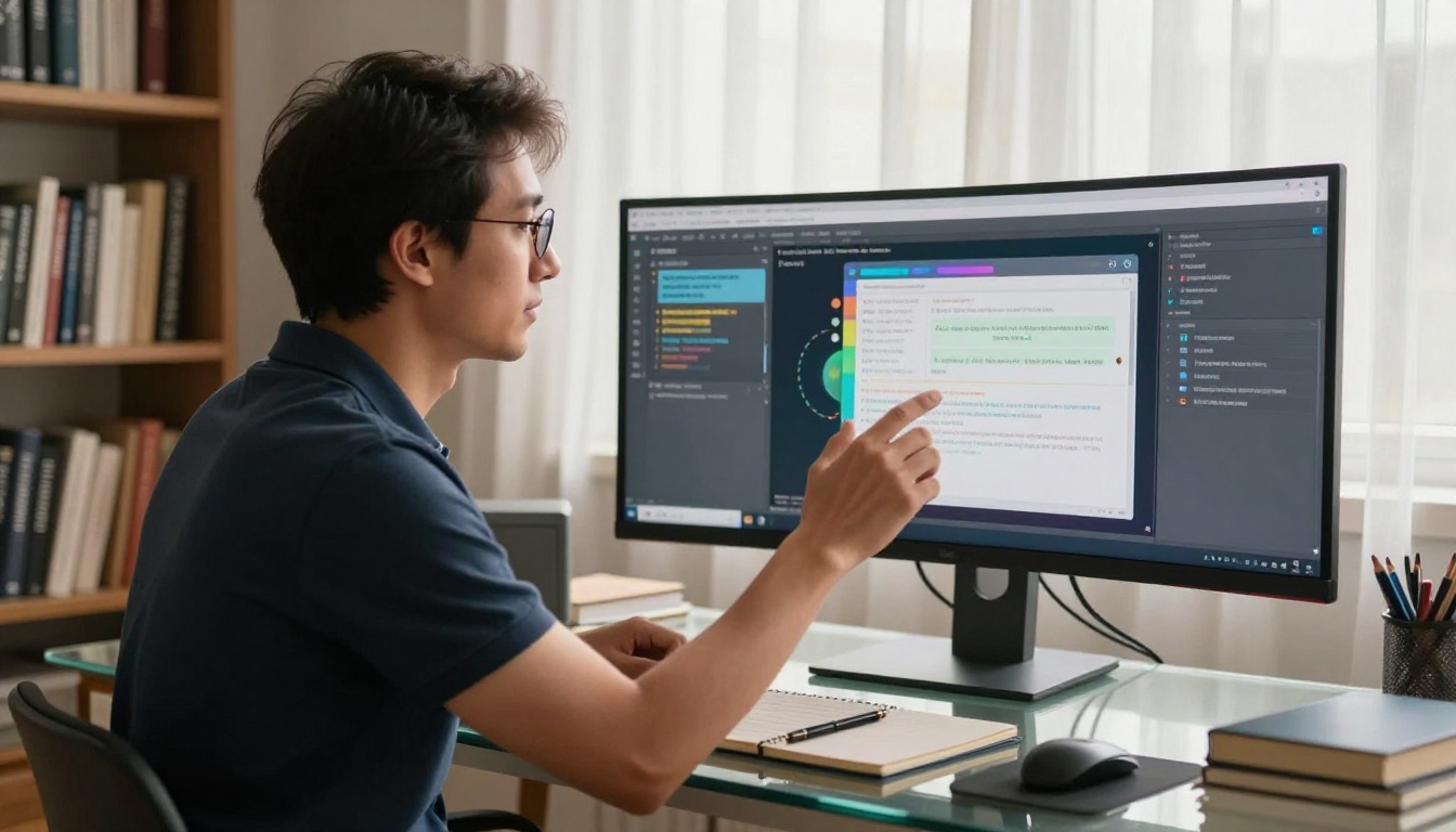 An entrepreneur stands at a home office desk gesturing toward a large curved monitor showing an AI text interface, warm afternoon light, photorealistic