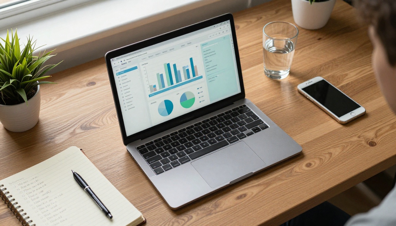 Overhead flat-lay of a small business desk with MacBook Pro showing analytics charts, a notebook, smartphone, and coffee cup on warm oak wood, natural window light