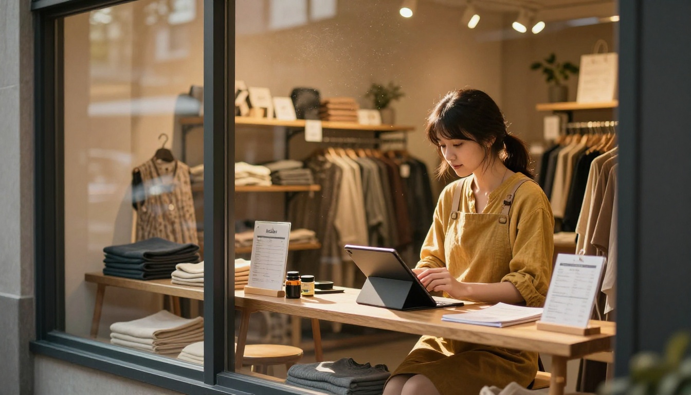 A young woman store owner in a mustard linen apron sits on a wooden stool reviewing sales data on a tablet in a warm boutique interior, clothing racks and warm sunlight behind her