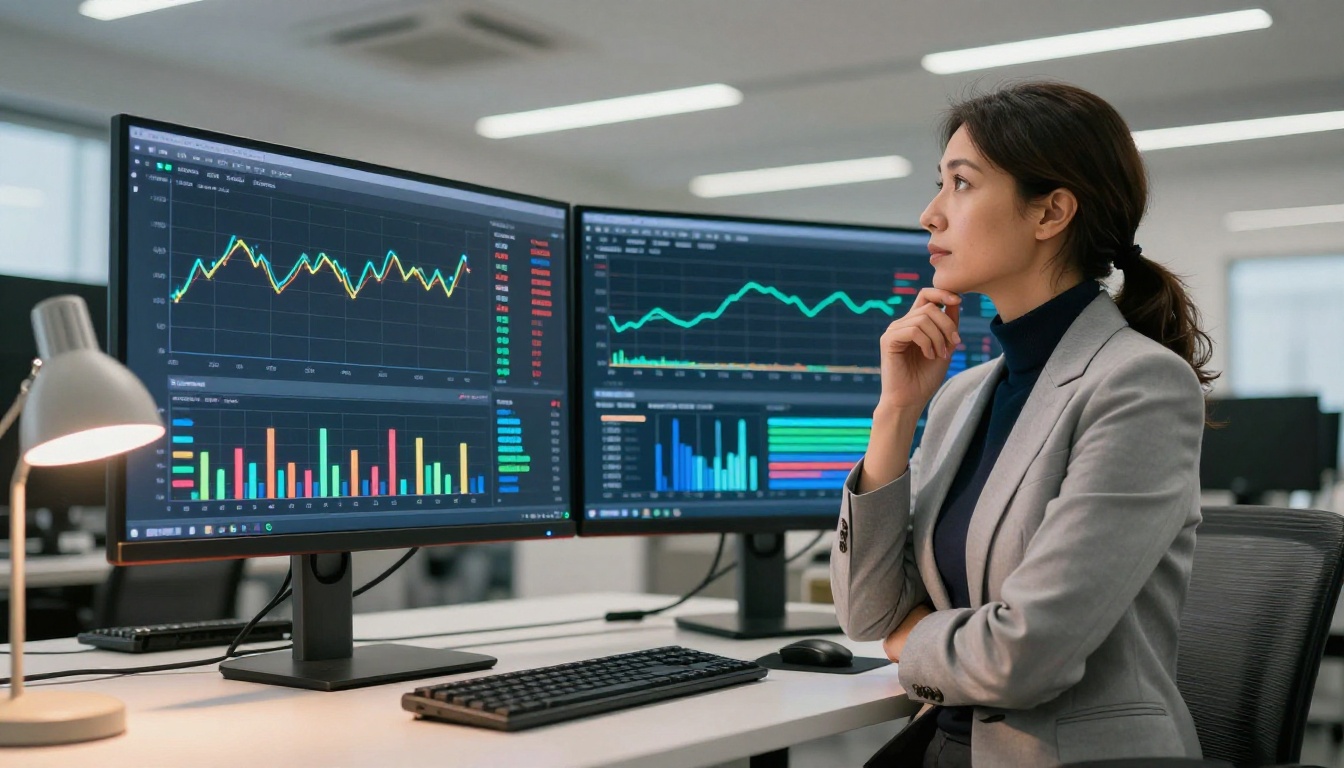 Data scientist analyzing AI latency benchmarks on large curved monitors