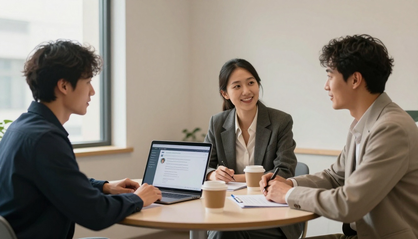 Two business partners sit across from each other at a round conference table, a laptop between them showing an AI chat interface, both smiling in a small modern office