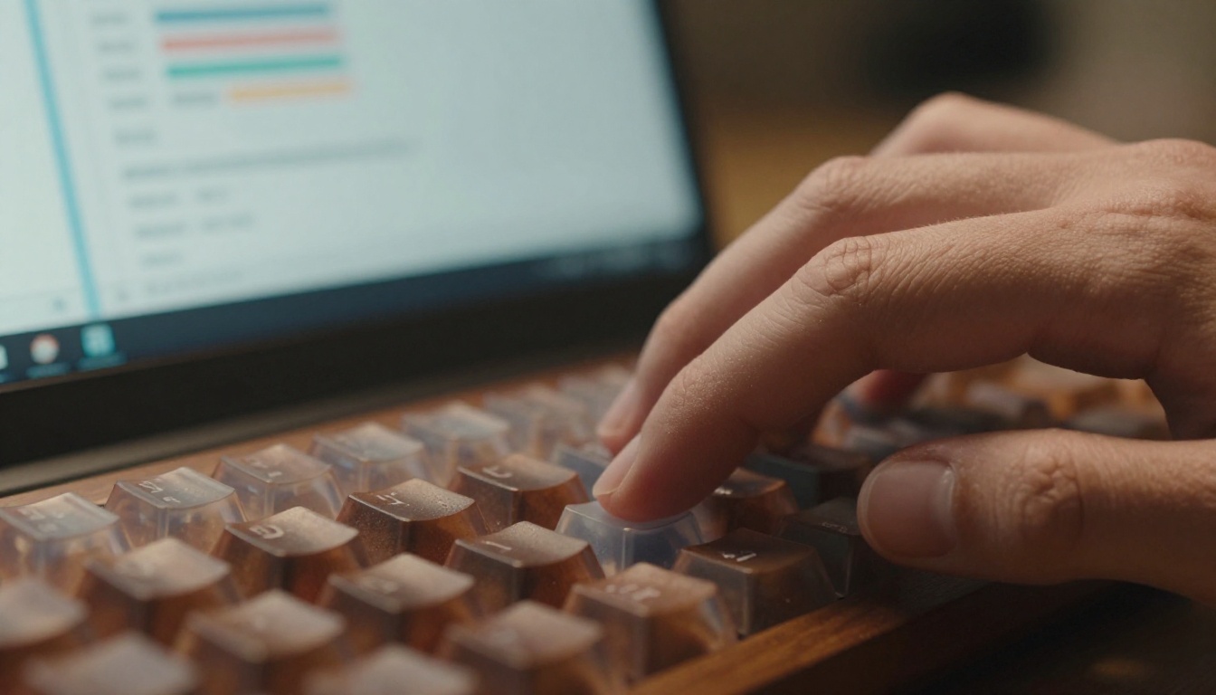 Hands typing on mechanical keyboard with blurred AI dashboard in background