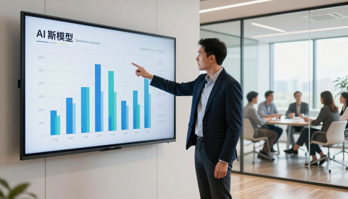 Tech professional presenting AI model comparison to team in conference room
