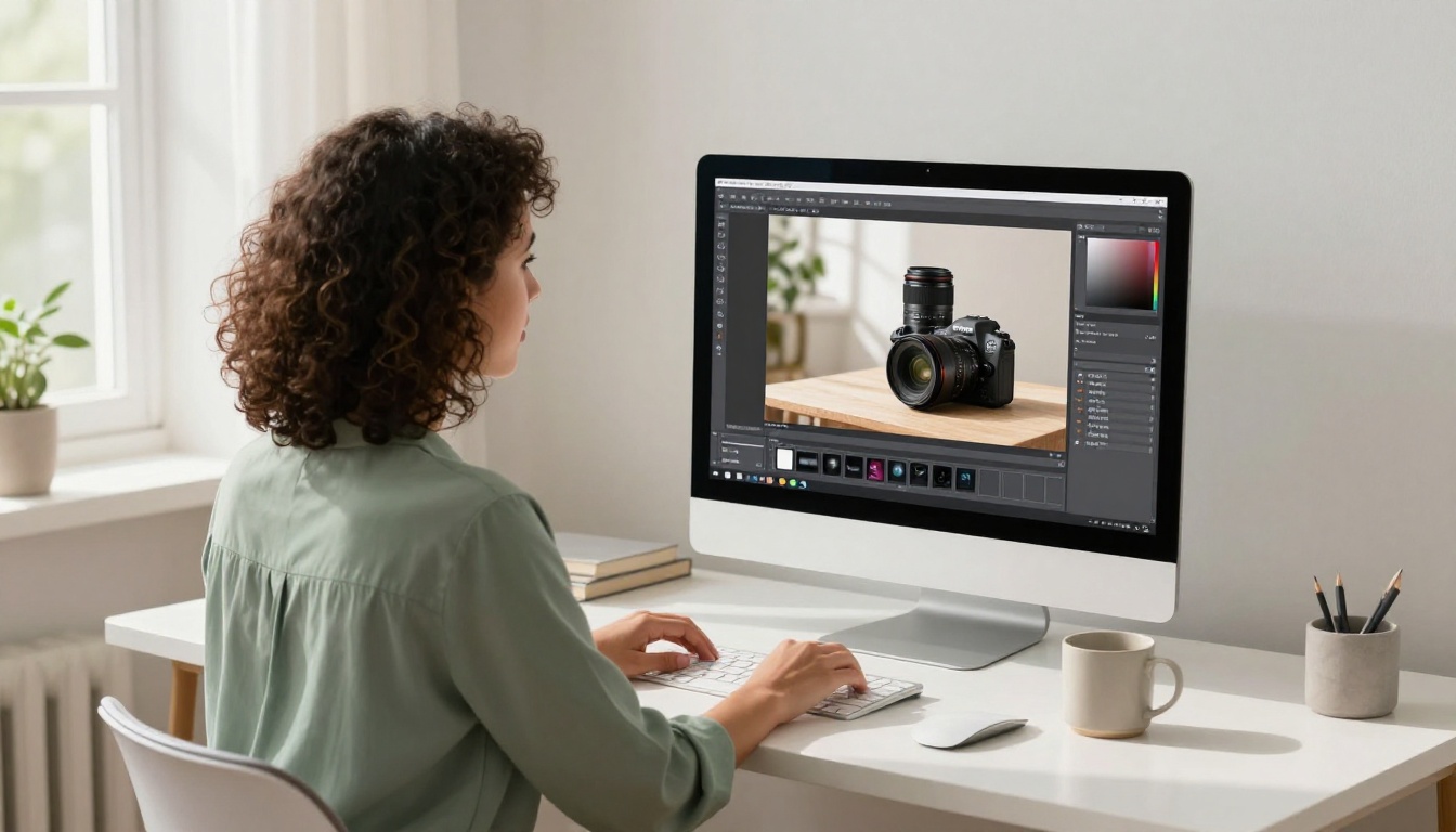A woman with curly hair in a sage green blouse edits product photos on an iMac showing an AI image generation interface in a bright home studio, morning light