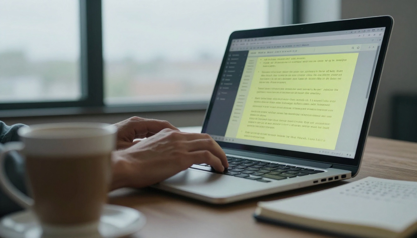A man's hands type on a silver laptop keyboard with a blurred coffee cup in the foreground and an open notebook with bullet points beside it, overcast window light