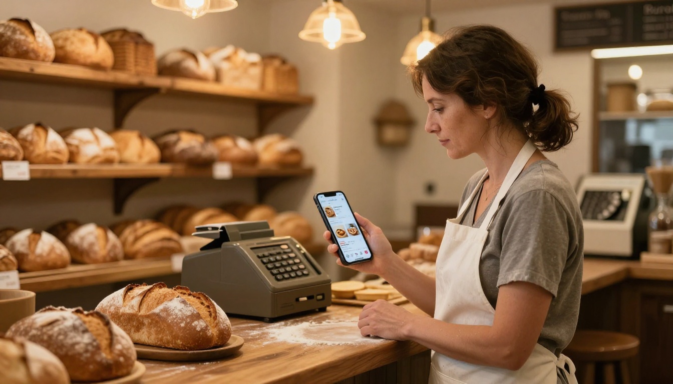 A bakery owner wearing a white flour-dusted apron stands behind a wooden counter holding a smartphone showing her Instagram feed, warm incandescent pendant lights and bread loaves in background