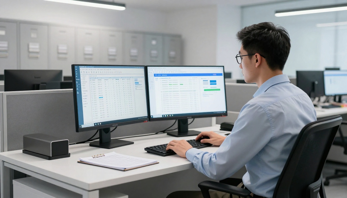 A focused man with glasses and a light blue dress shirt at a large desk with two monitors showing a spreadsheet and an AI financial analytics dashboard, cool overhead LED light