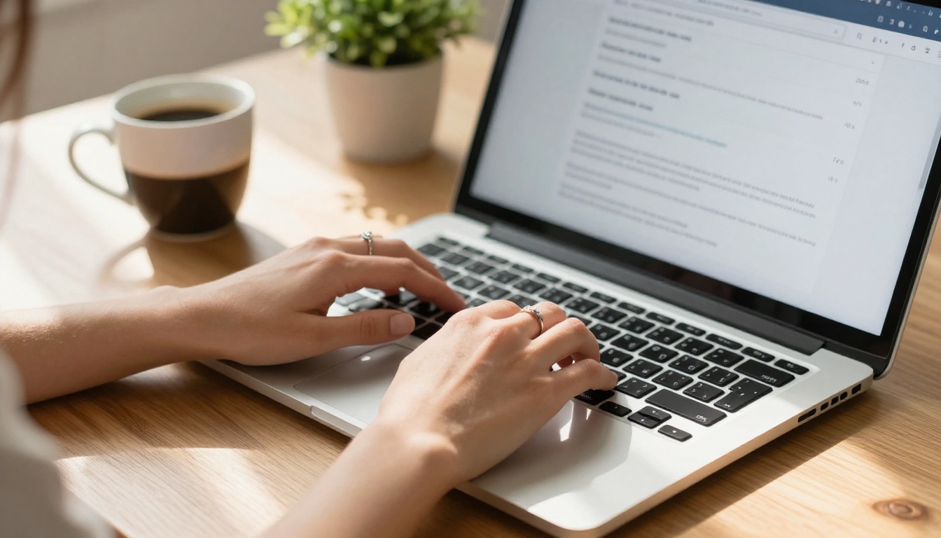 Woman signing up for an account on laptop at cream wooden desk