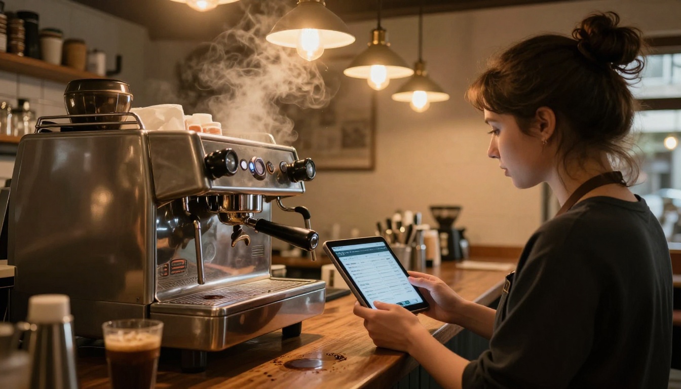 A young woman barista reviews a tablet mounted beside the espresso machine showing AI customer analytics, warm amber steam-filled coffee shop atmosphere, low angle shot