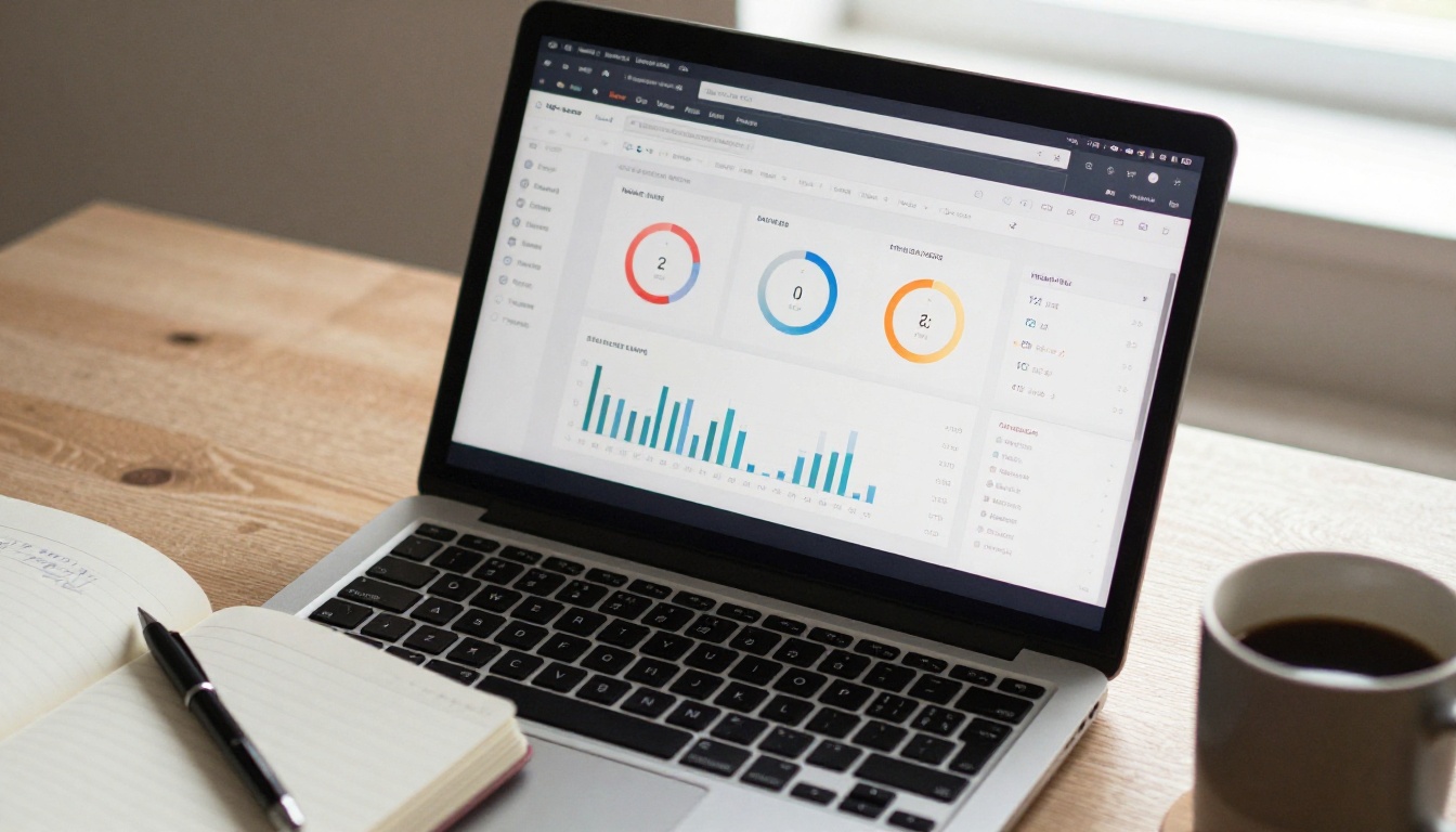Audio quota dashboard on MacBook screen on cream desk