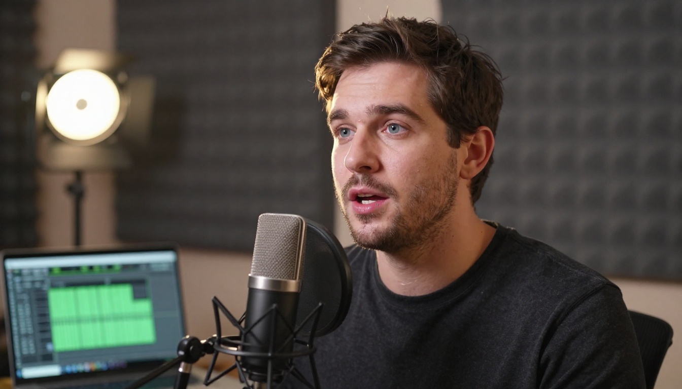 Man speaking into large-diaphragm condenser microphone in recording setup