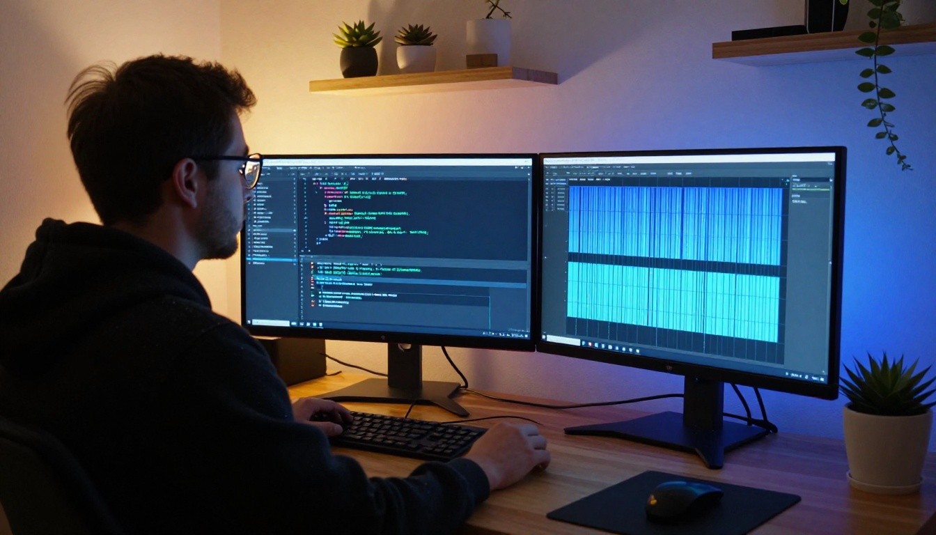 Developer at dual monitor workstation with API code on screens