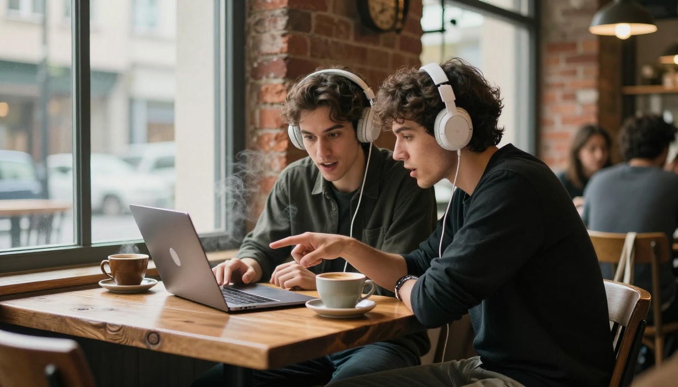 Two friends listening to audio together at café with MacBook
