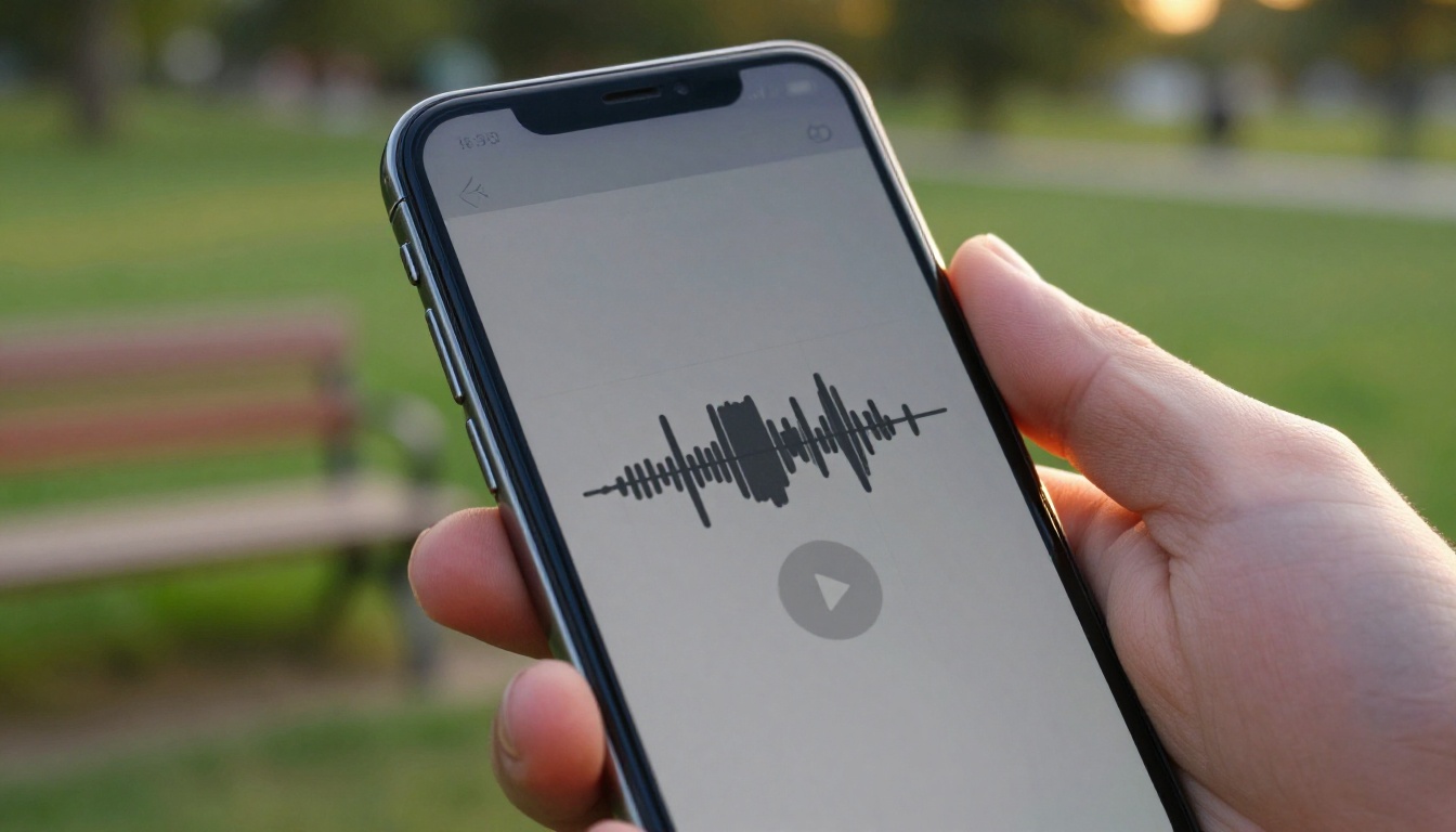 Smartphone displaying audio waveform visualization held in hand outdoors
