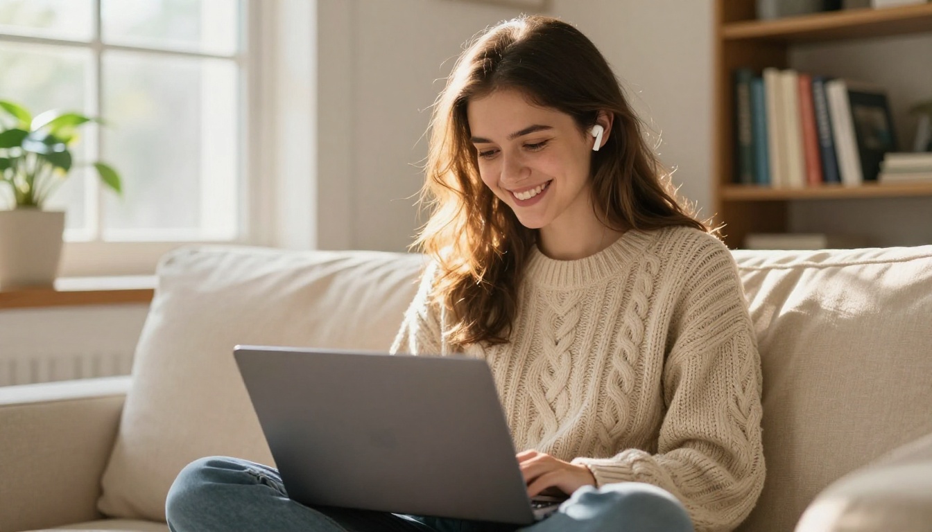 Young woman listening with earbuds on cream sofa with laptop