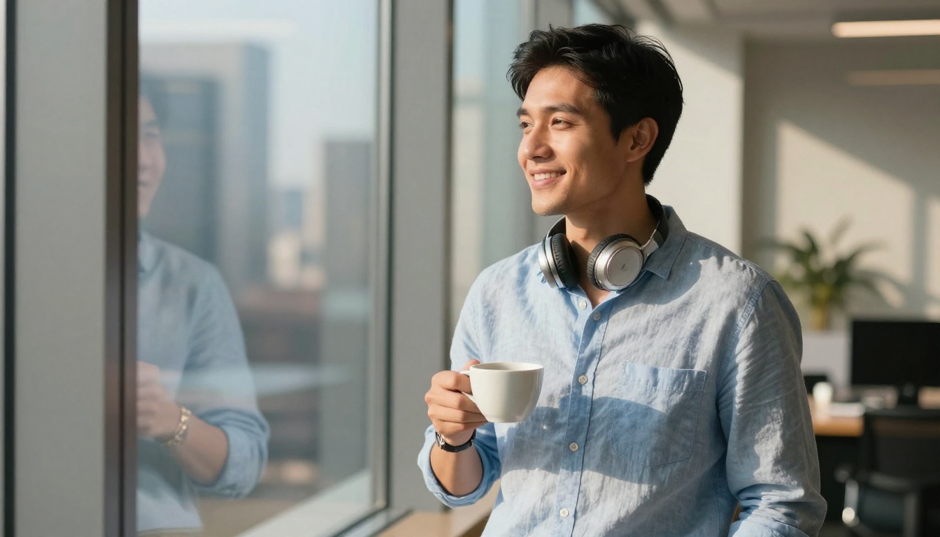 Confident professional man with headphones around neck by office window holding coffee