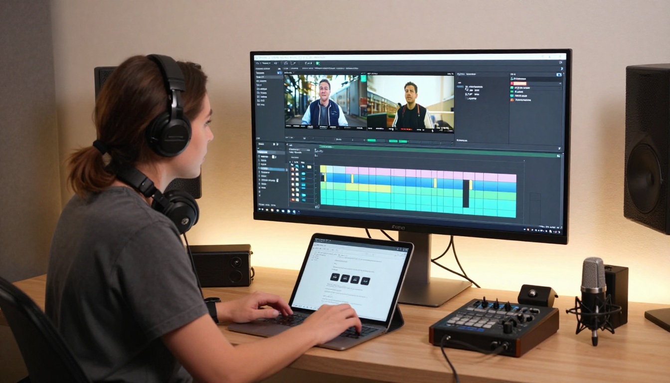 Flat-lay creative workspace with phone showing vertical video Flat-lay creative workspace with phone showing vertical video