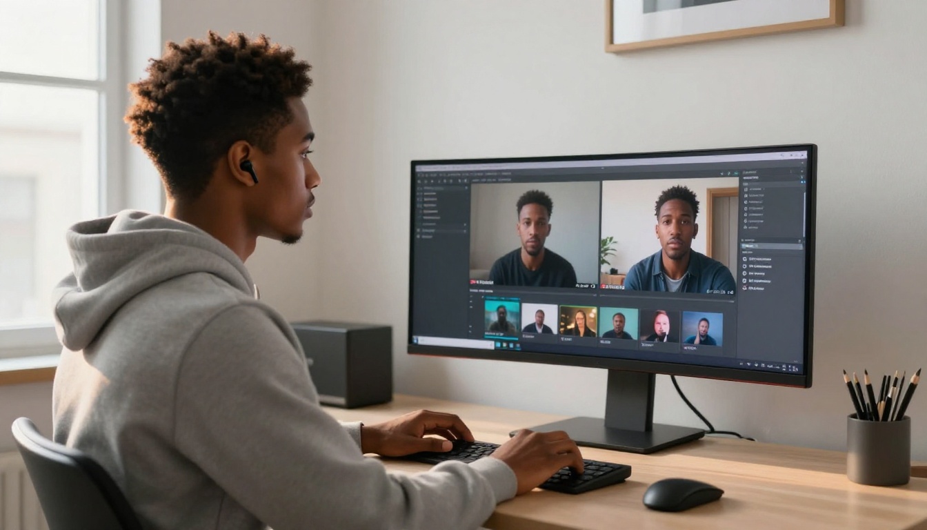 Creator at standing desk comparing vertical AI video previews