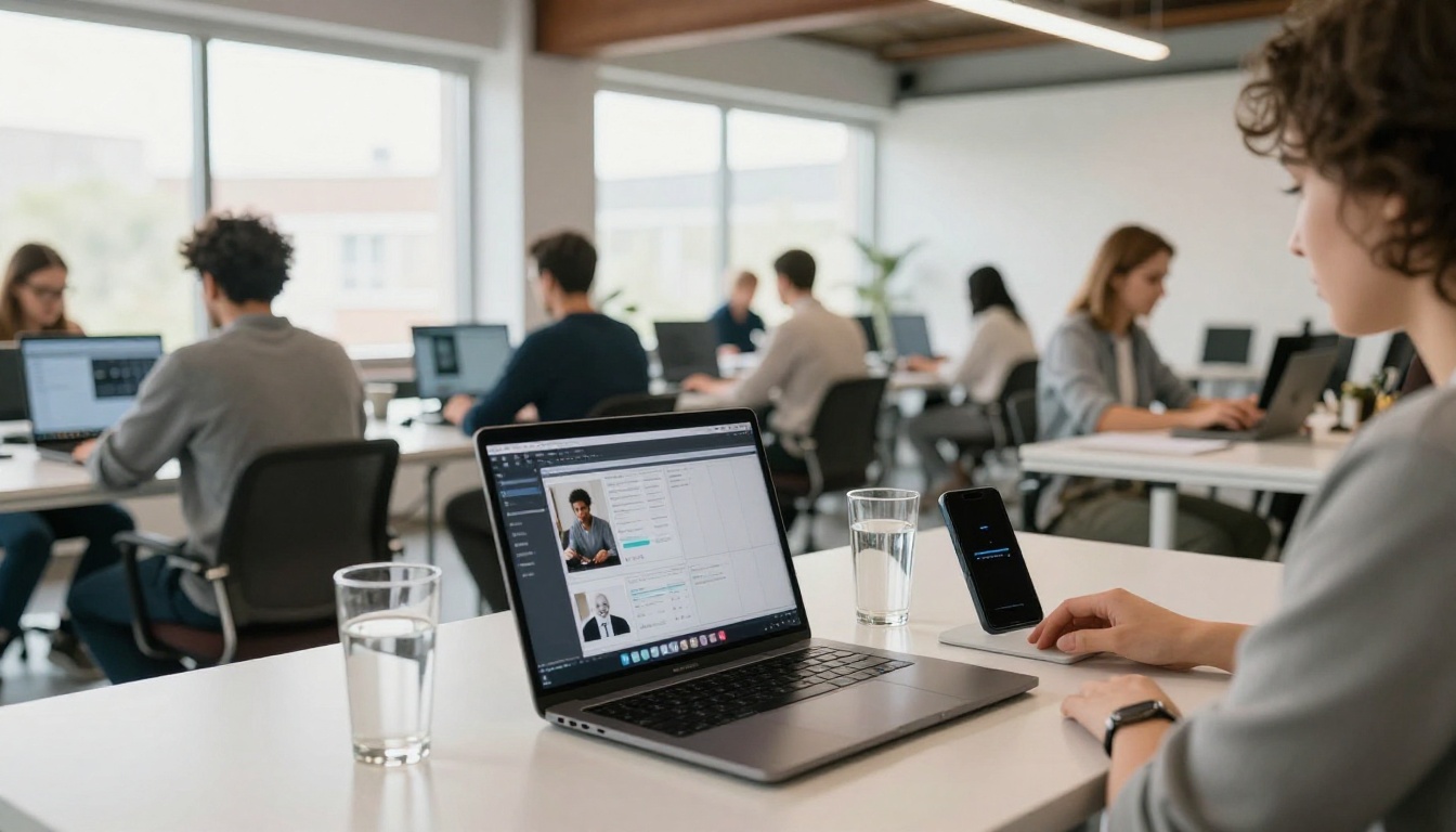 Wide-angle creative studio with creators working on video content